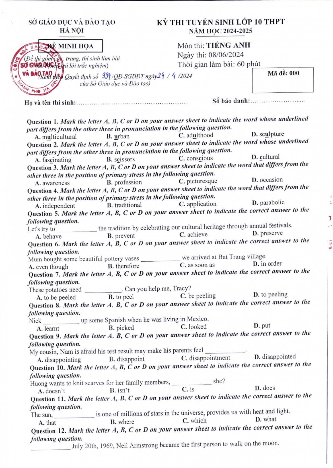 so gd-Dt ha noi cong bo de thi minh hoa vao lop 10 thpt cong lap nam 2024 hinh anh 7