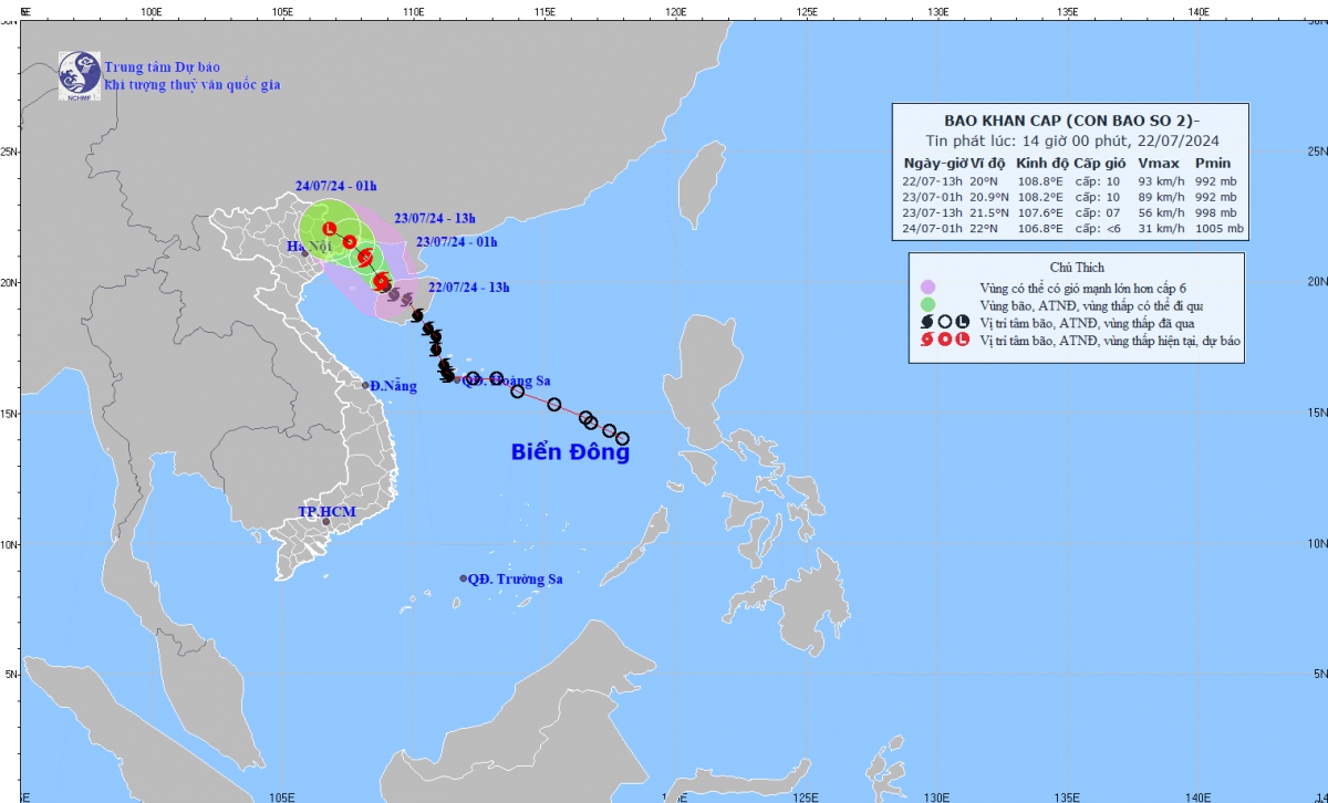 Vị trí tâm bão số 2 cách đảo Bạch Long Vĩ khoảng 120km về phía Đông
