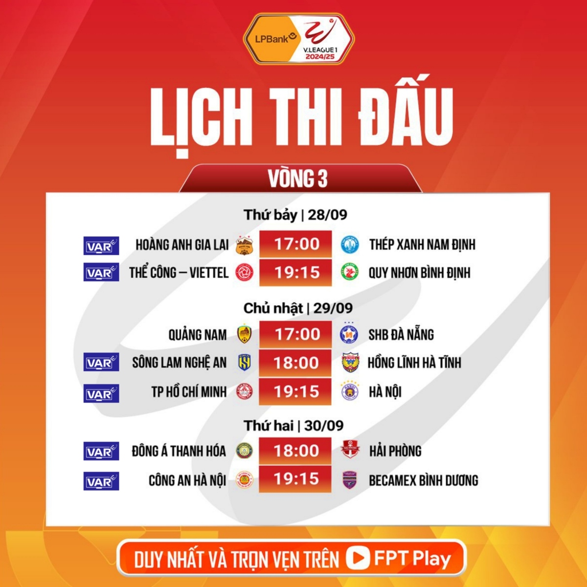 Lịch thi đấu và áp dụng VAR vòng 3 V-League 2024/2025