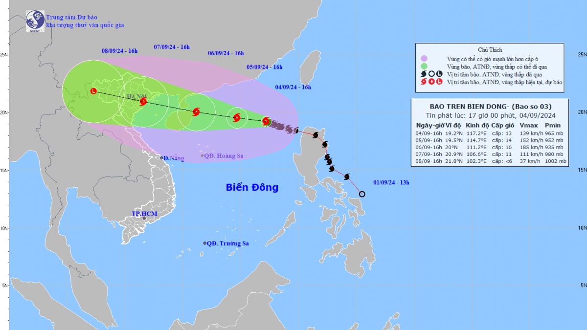 Bão số 3 giật cấp 17, di chuyển theo hướng Tây Tây Bắc, tốc độ 5