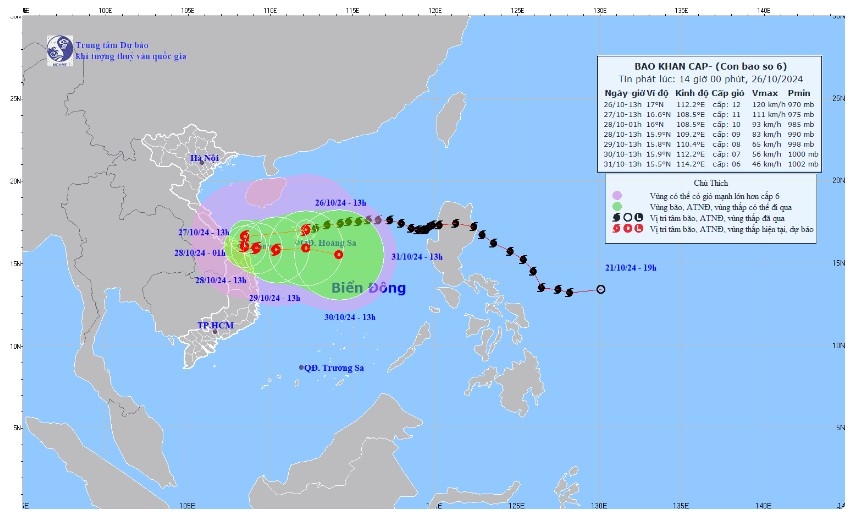 Bão số 6 cách Đà Nẵng khoảng 440km, Quảng Bình đến Quảng Ngãi mưa rất to từ tối nay