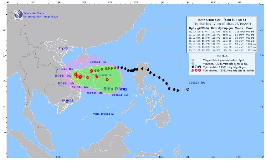 Bão số 6 đang tiến vào Đà Nẵng, gây mưa to nhiều nơi vào tối nay (26/10)