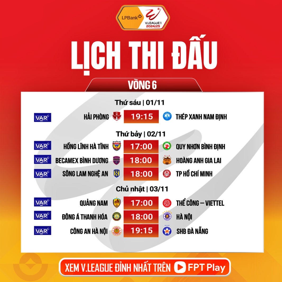 lịch thi đấu và áp dụng var vòng 6 v-league 2024 2025 hình ảnh 1 lich thi dau va ap dung var vong 6 v-league 2024 2025 hinh anh 1