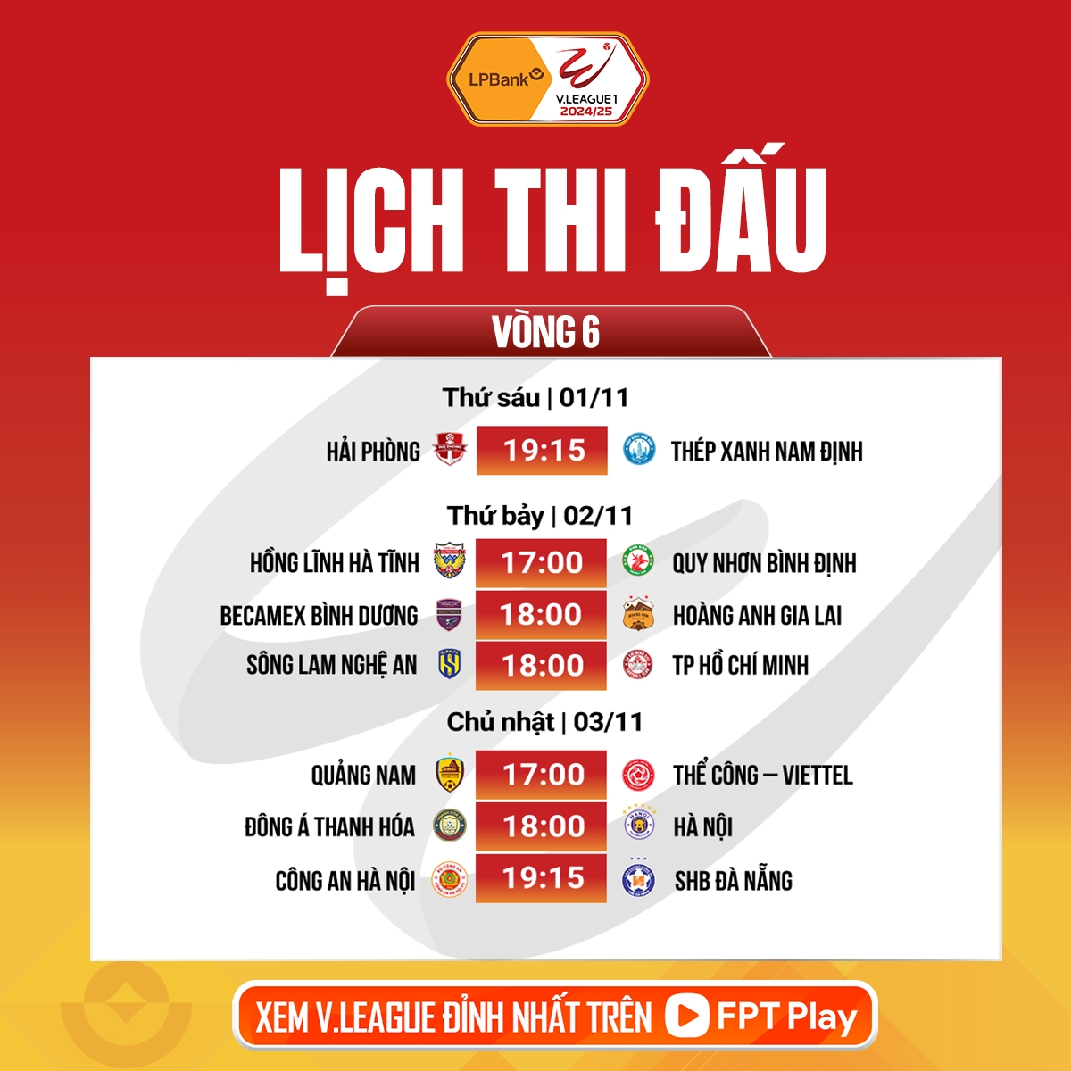 Lịch trực tiếp V-League 2024/2025 hôm nay 1/11: Hải Phòng đấu Nam Định