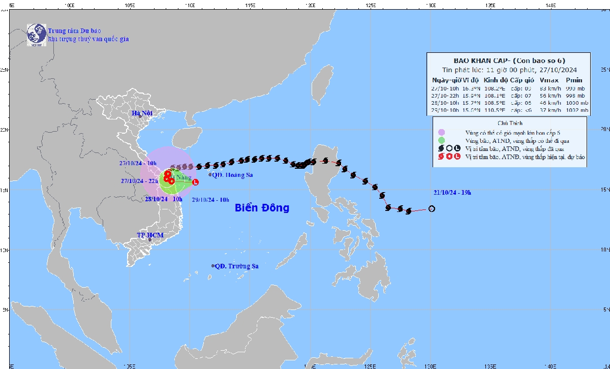 Tâm bão số 6 trên vùng ven biển Thừa Thiên Huế - Đà Nẵng, giật cấp 12