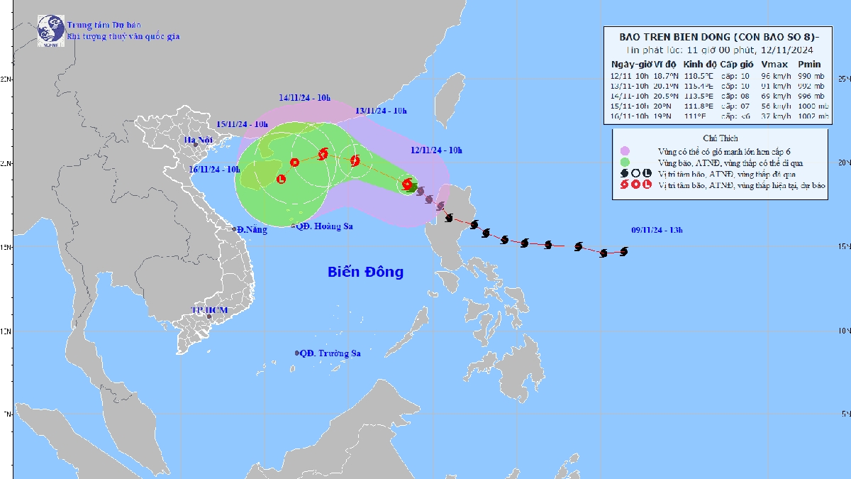 Tâm bão số 8 có sức gió mạnh nhất 102 km/h, giật cấp 12