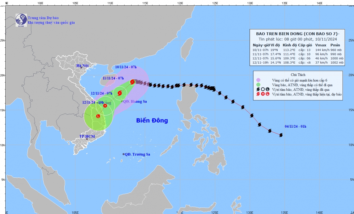 Bão số 7 di chuyển theo hướng Tây Tây Nam, mạnh cấp 13, giật cấp 16