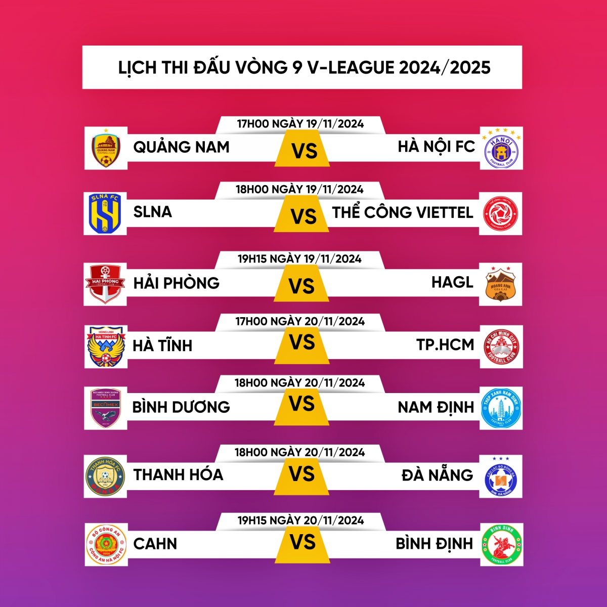 Lịch thi đấu và trực tiếp vòng 9 V-League 24/25: HAGL gặp khó, Thanh Hóa dễ thở