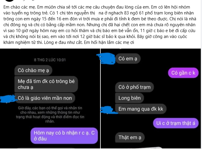 Xác minh thông tin bé 5 tháng tuổi tử vong ở cơ sở trông giữ