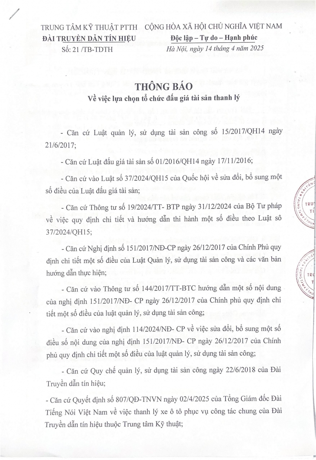 Dai truyen dan tin hieu thong bao lua chon to chuc dau gia thanh ly tai san hinh anh 1
