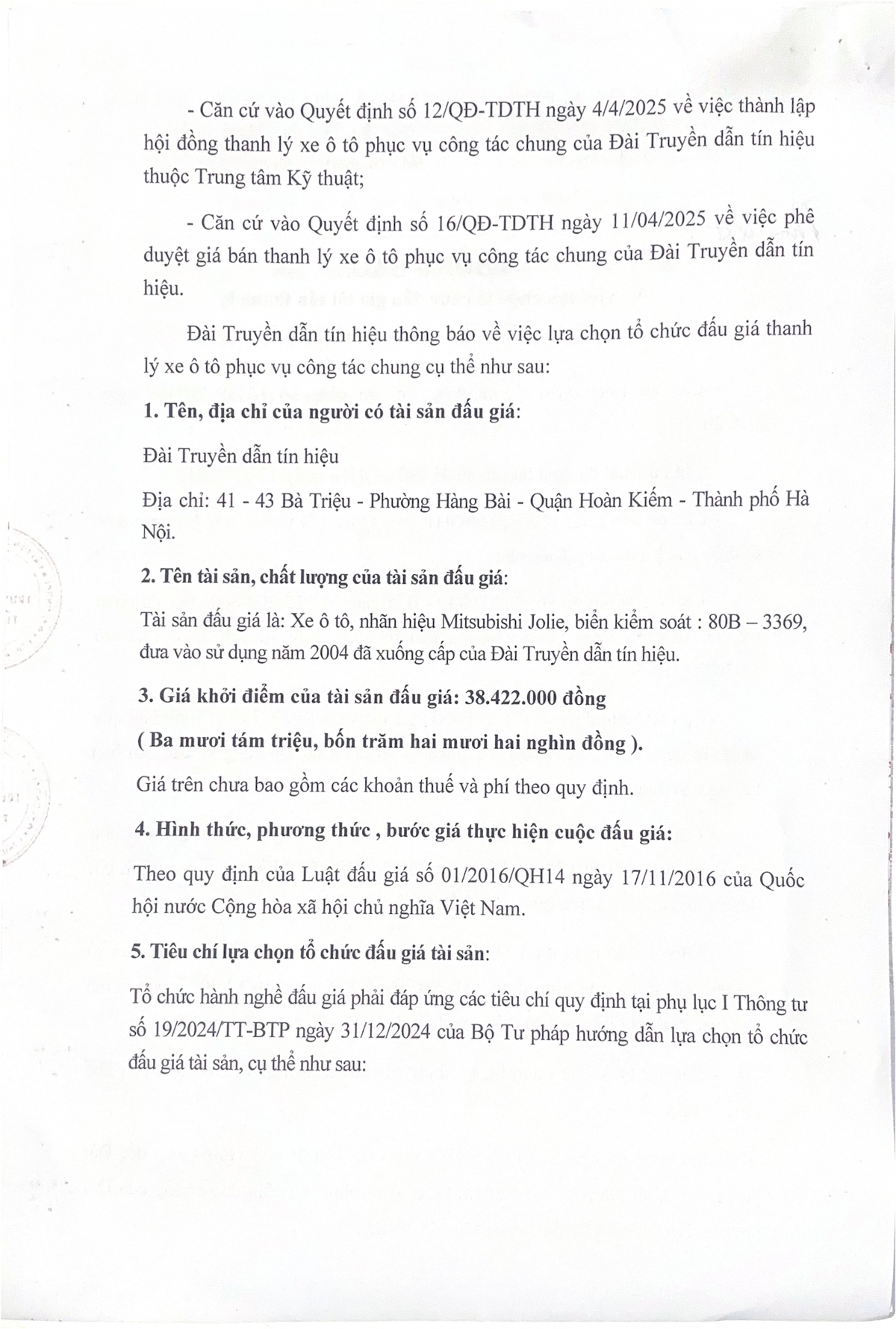 Dai truyen dan tin hieu thong bao lua chon to chuc dau gia thanh ly tai san hinh anh 2