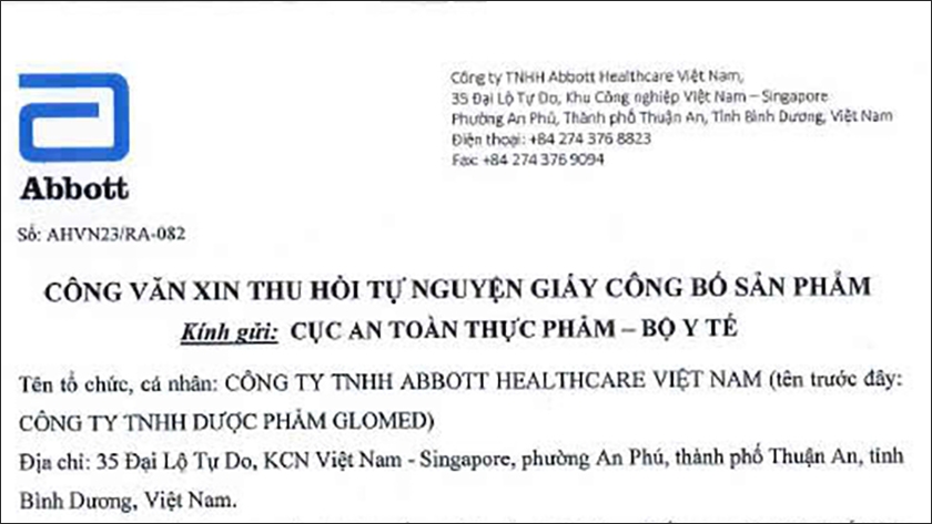 Lý do Abbott Healthcare Việt Nam chủ động thu hồi công bố sản phẩm