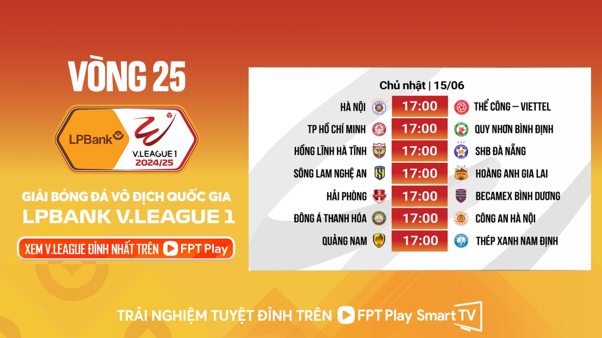 Lịch thi đấu và trực tiếp bóng đá hôm nay 15/6: Kịch tính vòng 25 V-League