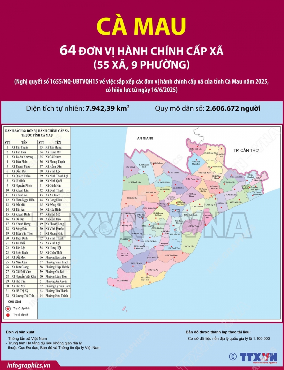 ban do chi tiet 64 don vi hanh chinh cap xa cua ca mau tu ngay 16 6 2025 hinh anh 1
