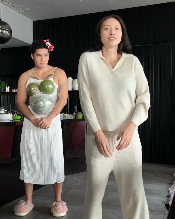 Ngô Thanh Vân cho ông xã thử mang bụng bầu