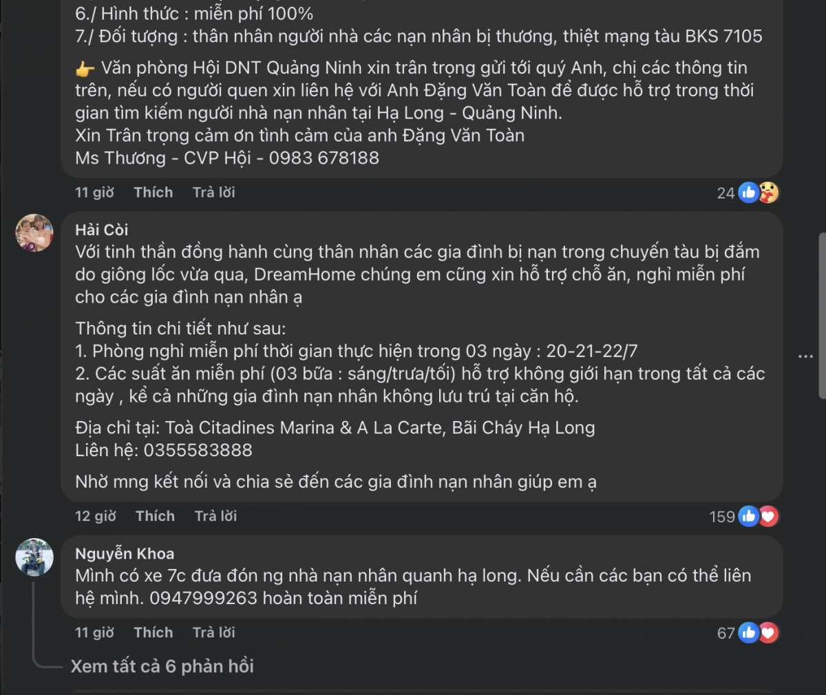 khach san, nguoi dan quang ninh ho tro mien phi gia dinh cac nan nhan vu lat tau hinh anh 1