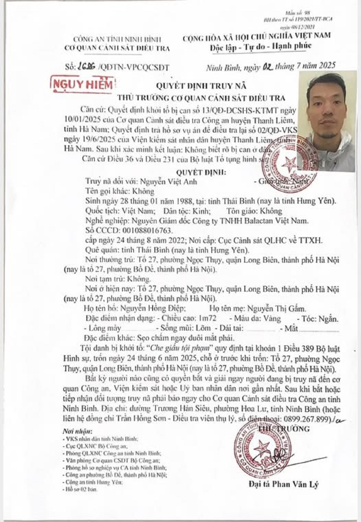 công an ninh bình phát lệnh truy nã nguyễn việt anh hình ảnh 1 cong an ninh binh phat lenh truy na nguyen viet anh hinh anh 1