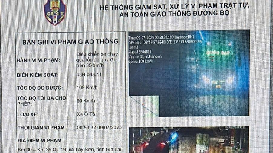 Xe khách vi phạm tốc độ nghiêm trọng, vượt 80% mức cho phép ở Gia Lai