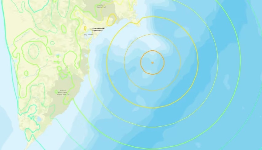 Bản đồ của Cơ quan Khảo sát Địa chất Mỹ (USGS) ghi nhận trận động đất mạnh 8,0 độ xảy ra ngoài khơi bờ biển phía Đông nước Nga ngày 30/7/2025. Bản đồ của Cơ quan Khảo sát Địa chất Mỹ (USGS) ghi nhận trận động đất mạnh 8,0 độ xảy ra ngoài khơi bờ biển phía Đông nước Nga ngày 30/7/2025.