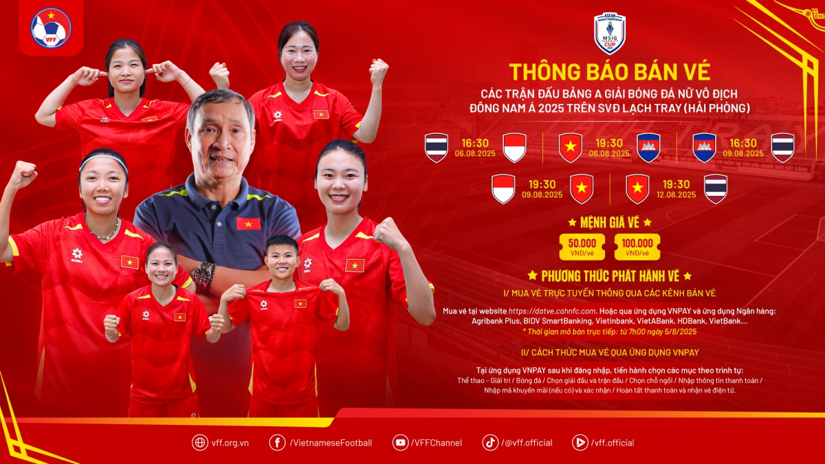 Thông báo bán vé các trận đấu của ĐT nữ Việt Nam tại bảng A giải vô địch bóng đá nữ Đông Nam Á 2025. Thông báo bán vé các trận đấu của ĐT nữ Việt Nam tại bảng A giải vô địch bóng đá nữ Đông Nam Á 2025.