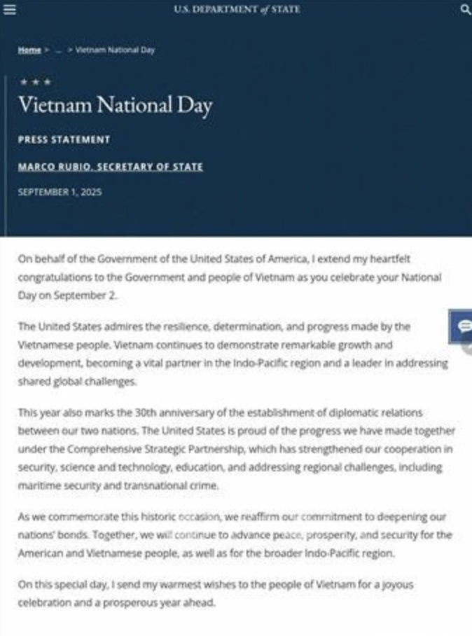 US Secretary of State congratulates Vietnam on 80th National Day