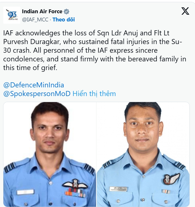 Rơi máy bay chiến đấu Su-30 MKI của Ấn Độ, 2 phi công thiệt mạng