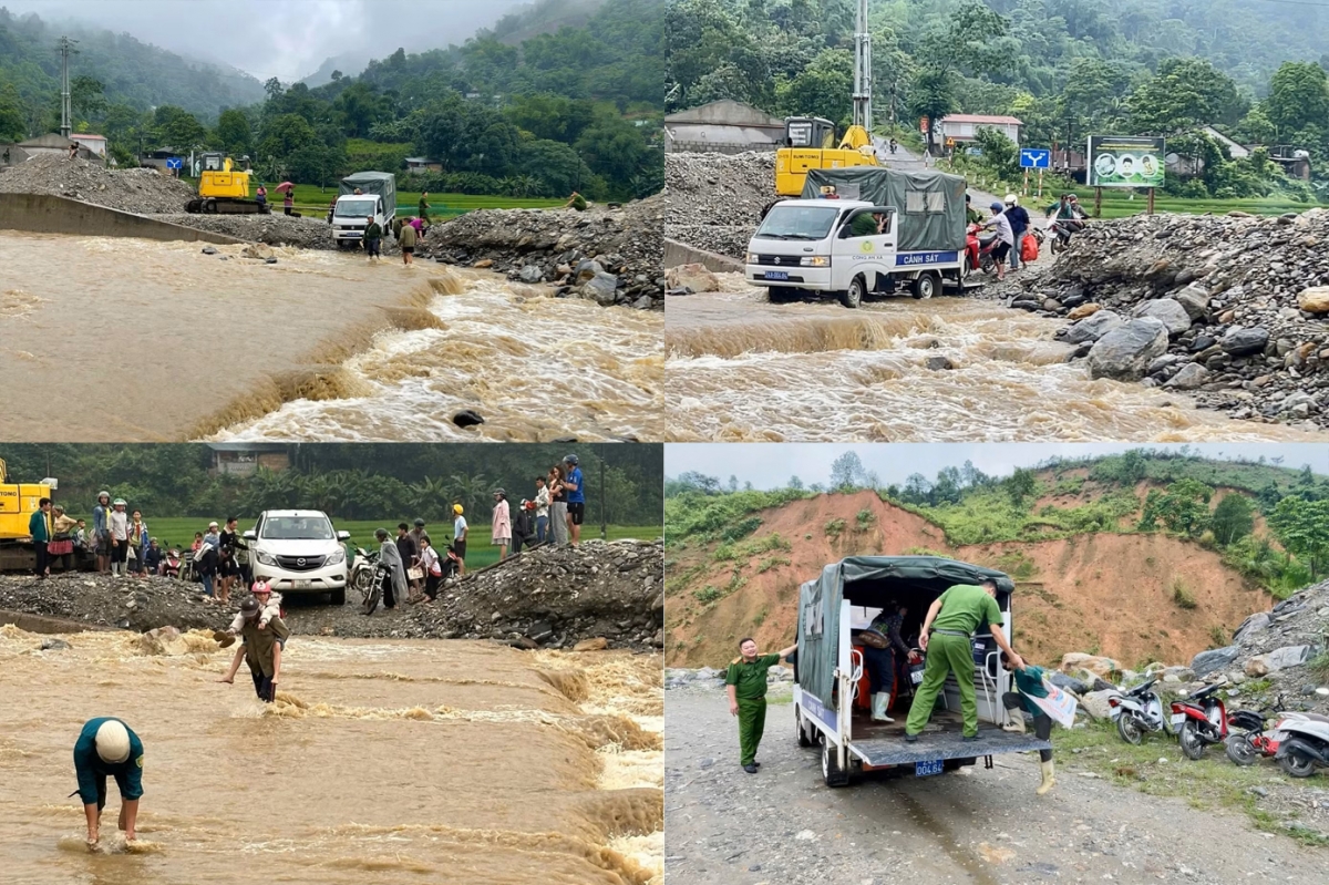mua lon keo dai, cong an dung xe chuyen dung cho hoc sinh vuot suoi den truong hinh anh 1