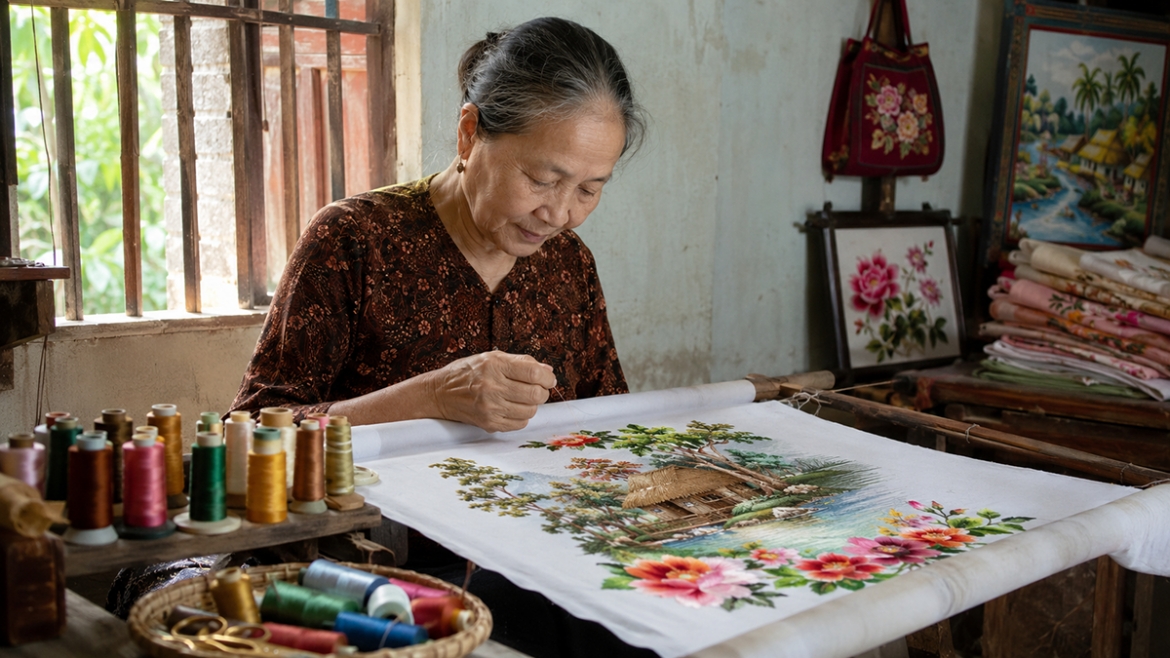 lang nghe theu truyen thong quat Dong ky uc tram nam tu nhung doi tay tham lang hinh anh 1