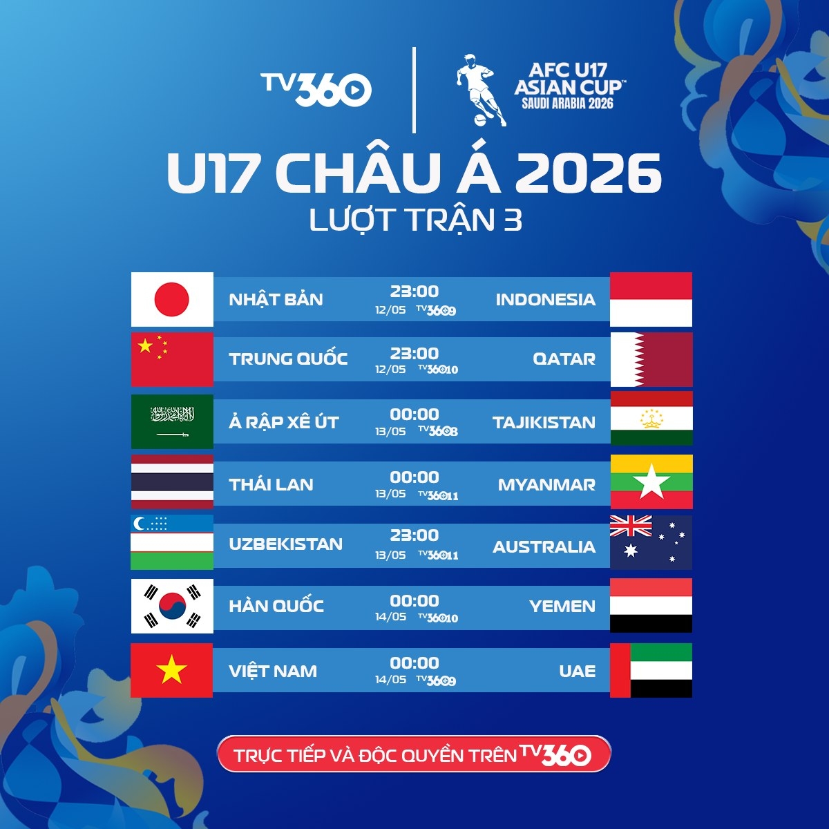 lich thi dau u17 chau A 2026 luot tran 3 u17 viet nam quyet dau u17 uae hinh anh 1
