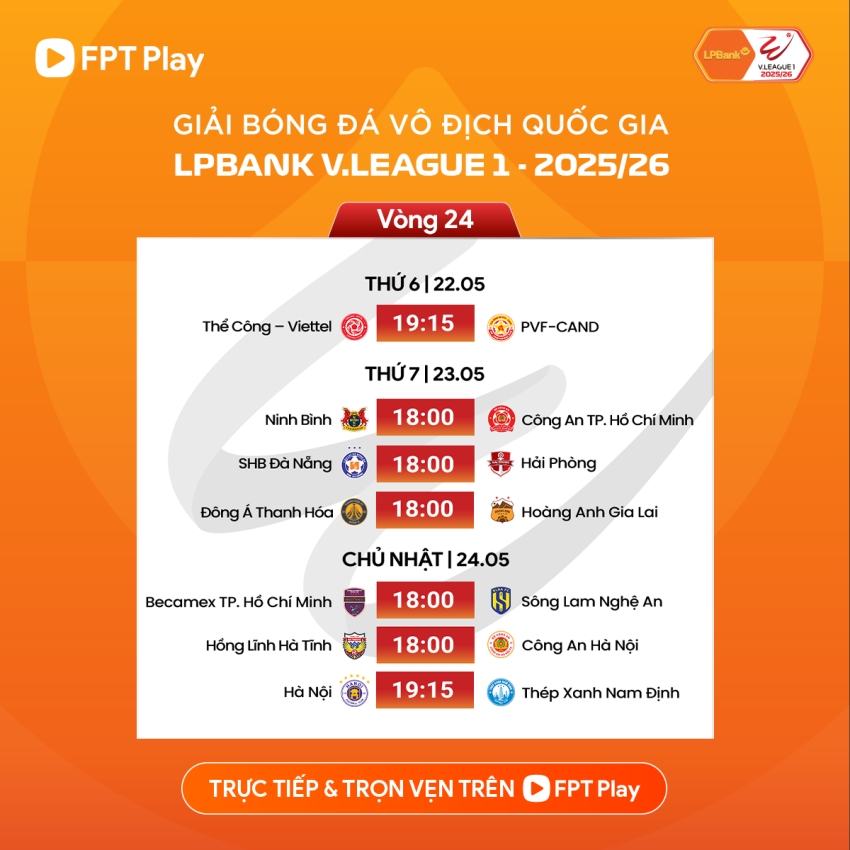 Lịch thi đấu vòng 24 V-League 2025/2026: Tâm điểm ở xứ Thanh