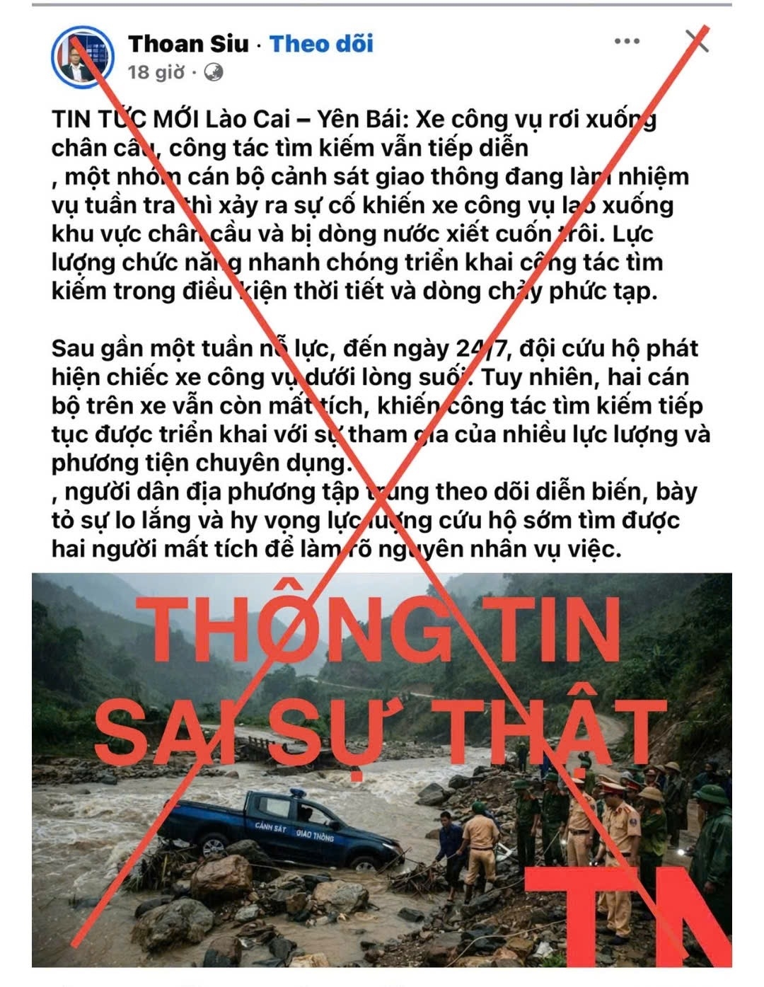 Công an Lào Cai bác bỏ thông tin xe công vụ gặp nạn khiến 2 cán bộ mất tích