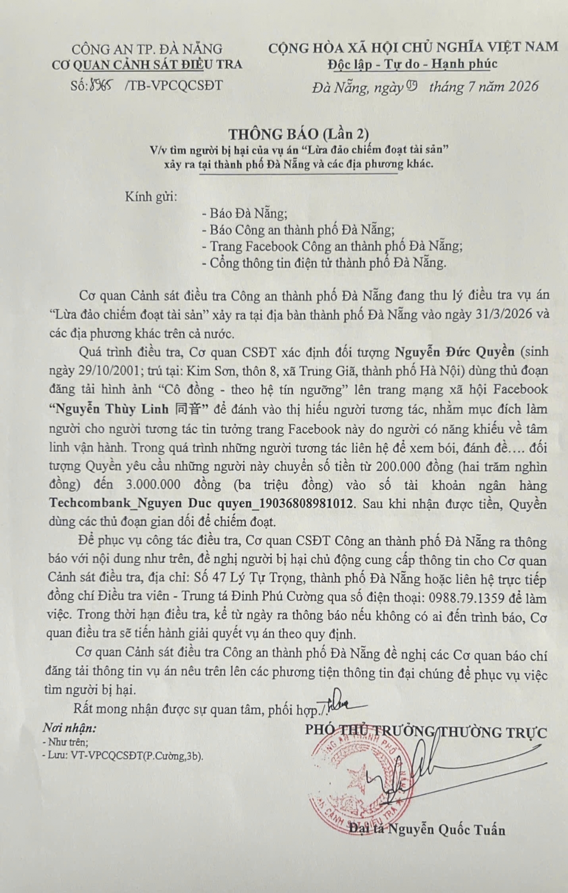 cong an Da nang thong bao tim nguoi bi hai trong vu an lua dao chiem doat tai san hinh anh 2