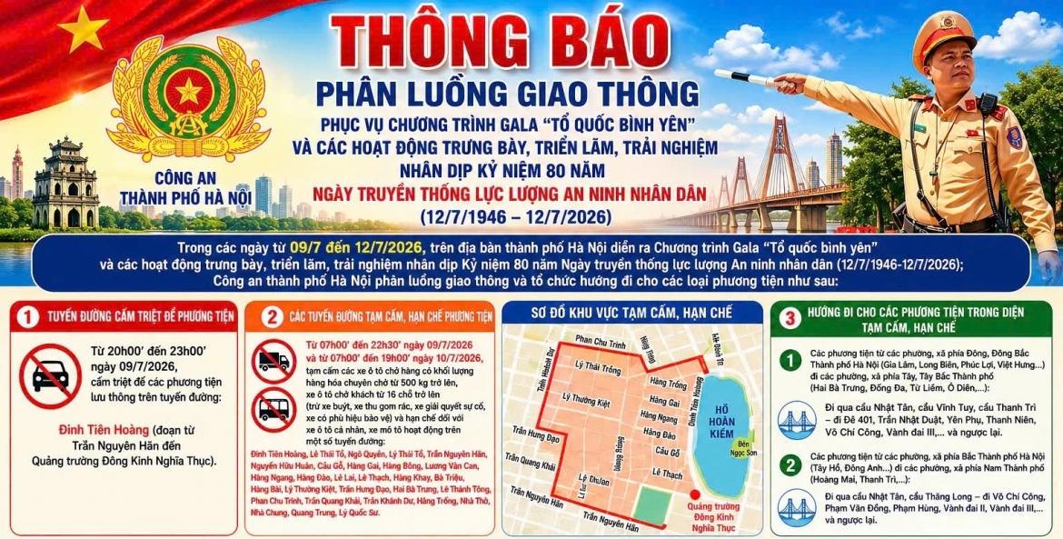 Hà Nội phân luồng giao thông phục vụ chương trình Gala “Tổ quốc bình yên”