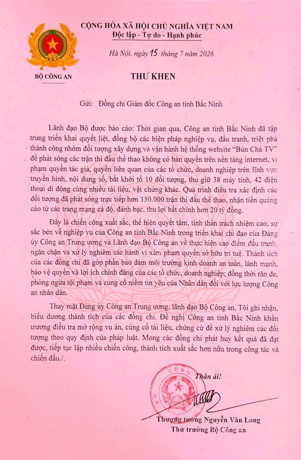 bo cong an gui thu khen ve thanh tich triet pha duong day bun cha tv o bac ninh hinh anh 2