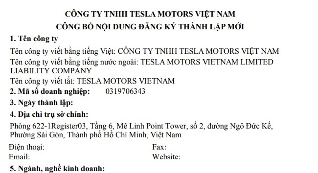 ga khong lo tesla chinh thuc lap cong ty tai viet nam, chuan bi do bo hinh anh 1