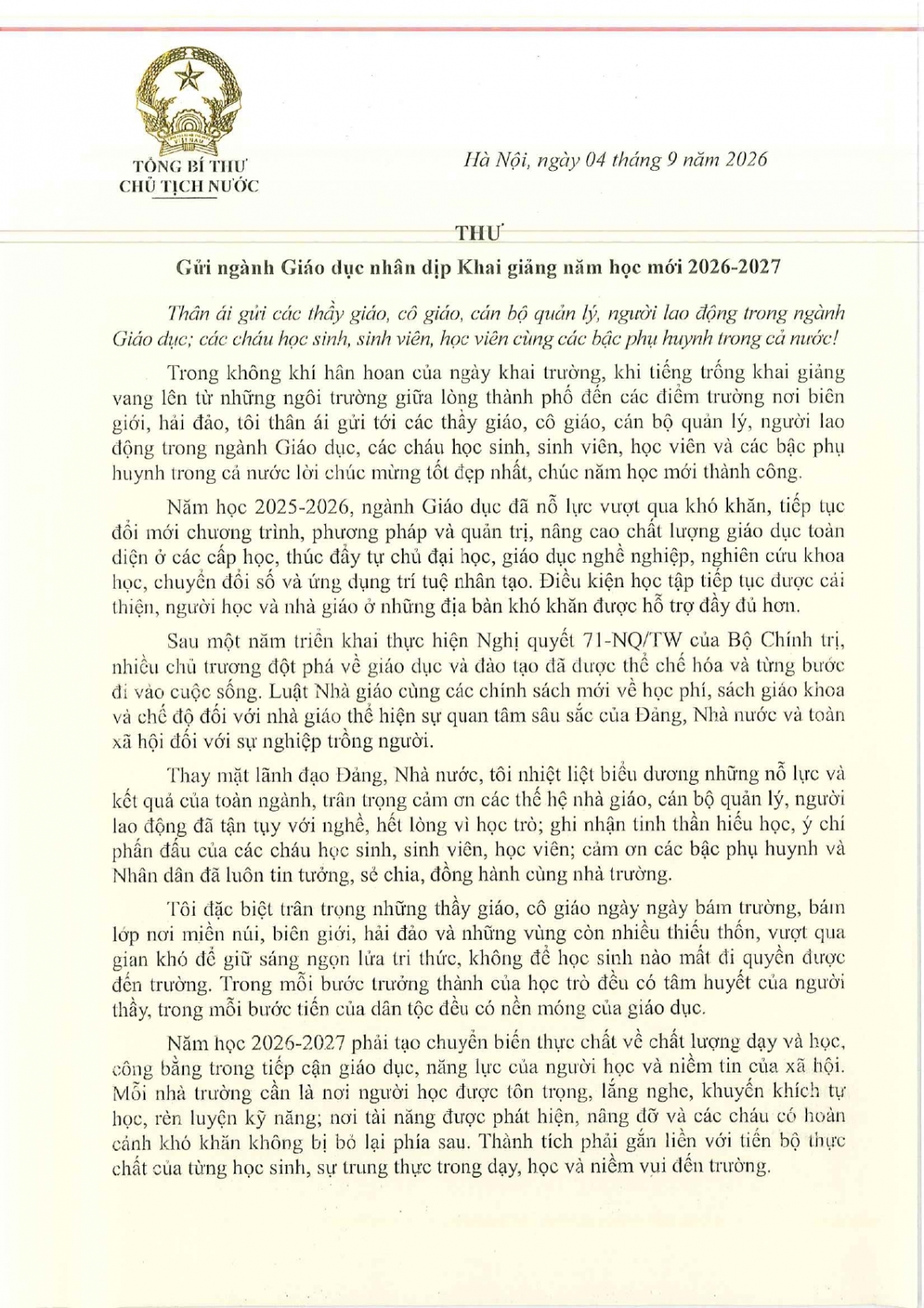thu cua tong bi thu, chu tich nuoc to lam gui nganh giao duc nhan dip khai giang hinh anh 1
