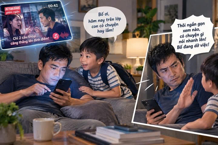 Nghiện phim ngắn AI, con vừa mở lời bố đã xua tay "nói nhanh lên"