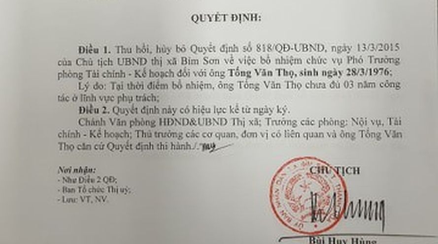 Thanh Hóa hủy quyết định bổ nhiệm “thần tốc” 1 trưởng phòng