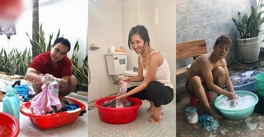 Khoảnh khắc hiếm: Sao Việt cặm cụi ngồi giặt quần áo bằng tay