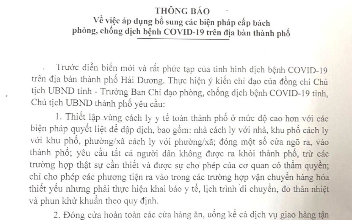 TP Hải Dương đóng cửa một số cửa ngõ ra vào thành phố ​