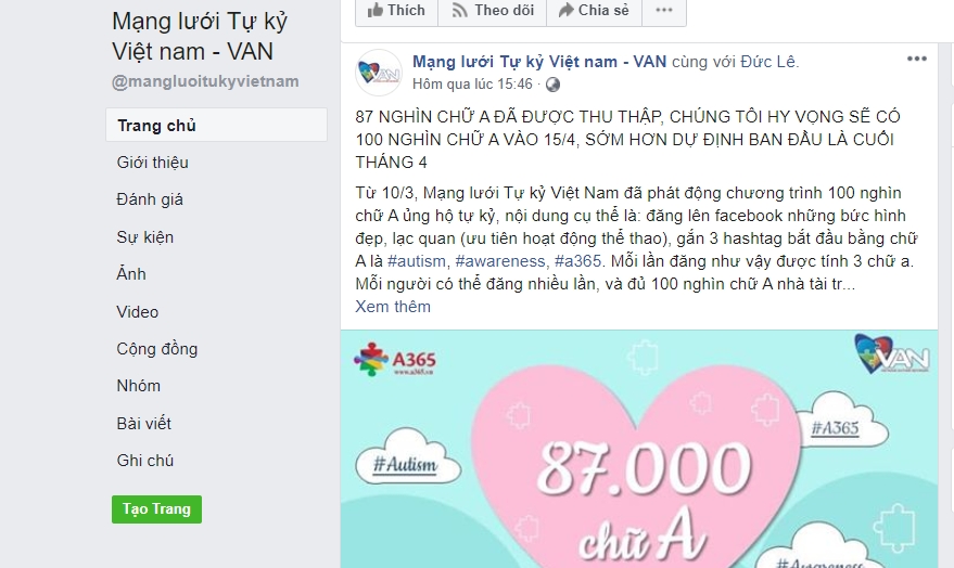 100.000 chữ A ủng hộ trẻ tự kỷ trên Facebook có ý nghĩa gì?