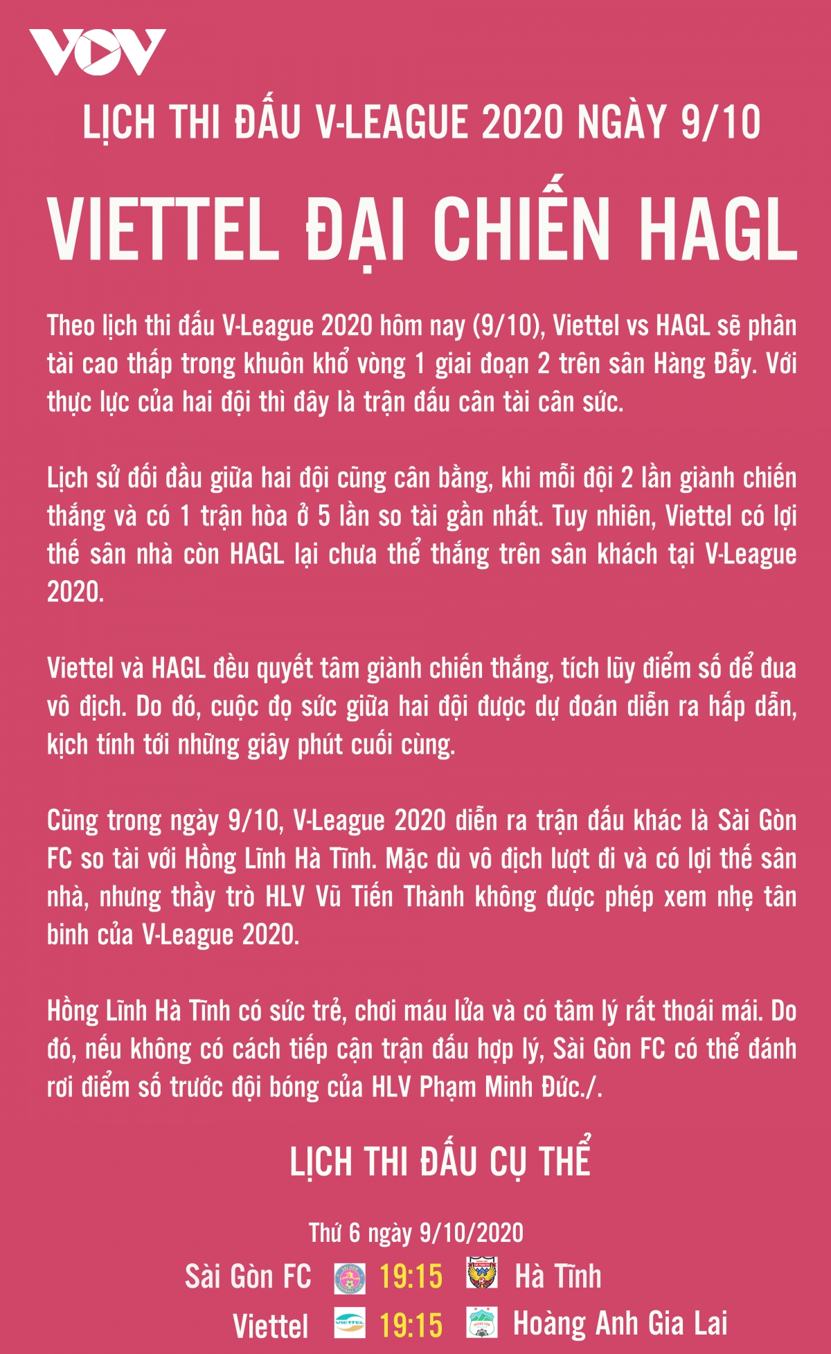 lich thi dau v-league 2020 hom nay 9 10 viettel dai chien hagl hinh anh 1