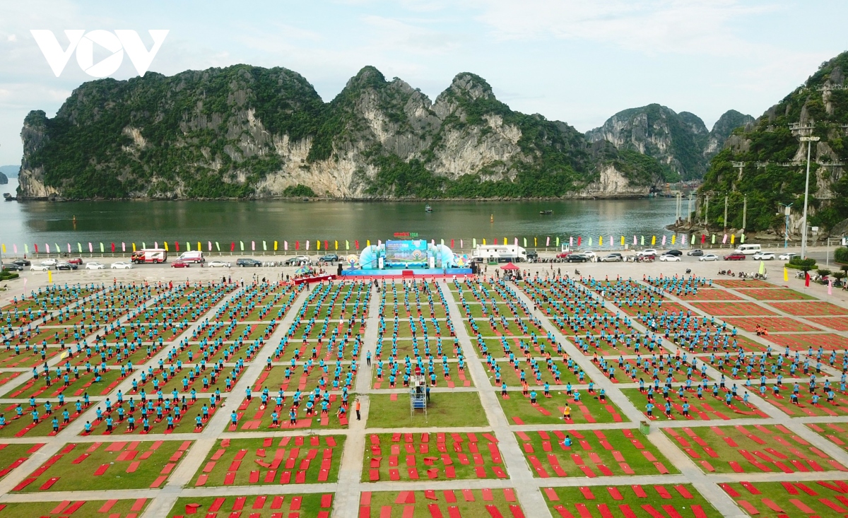 man dong dien yoga day an tuong ben bo di san vinh ha long hinh anh 1