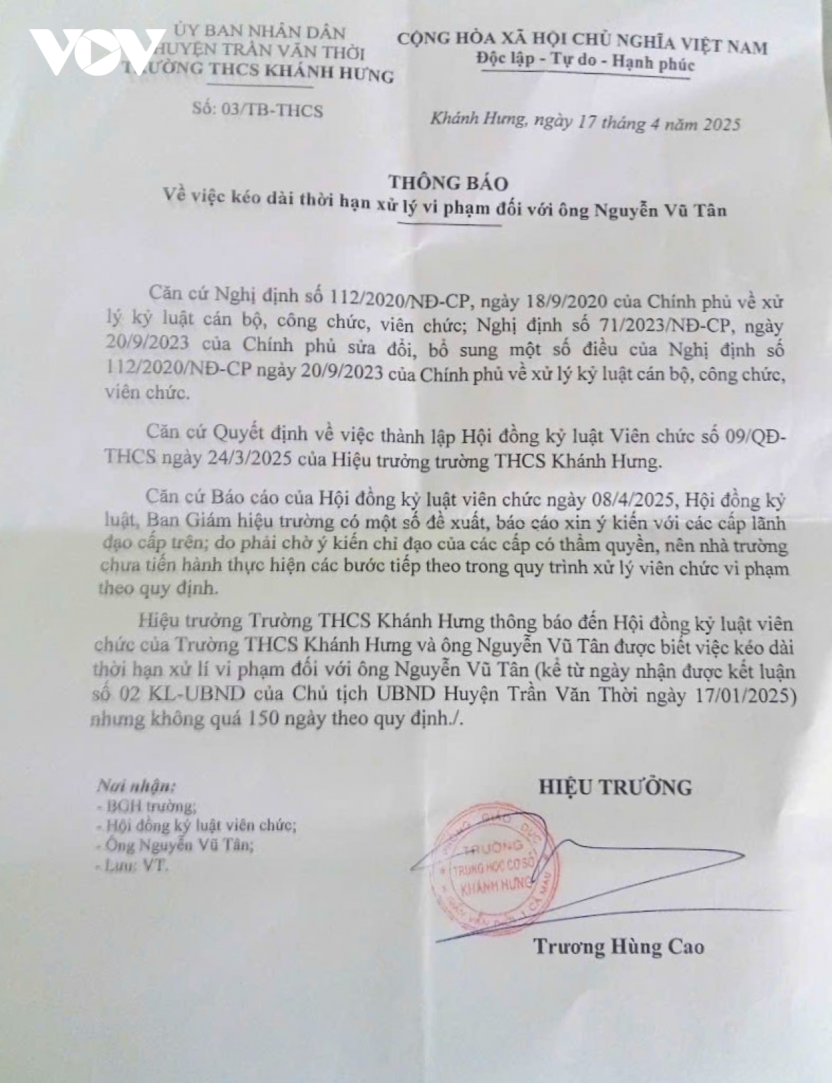 Chưa giải quyết xong phản ánh của giáo viên Trường Khánh Hưng
