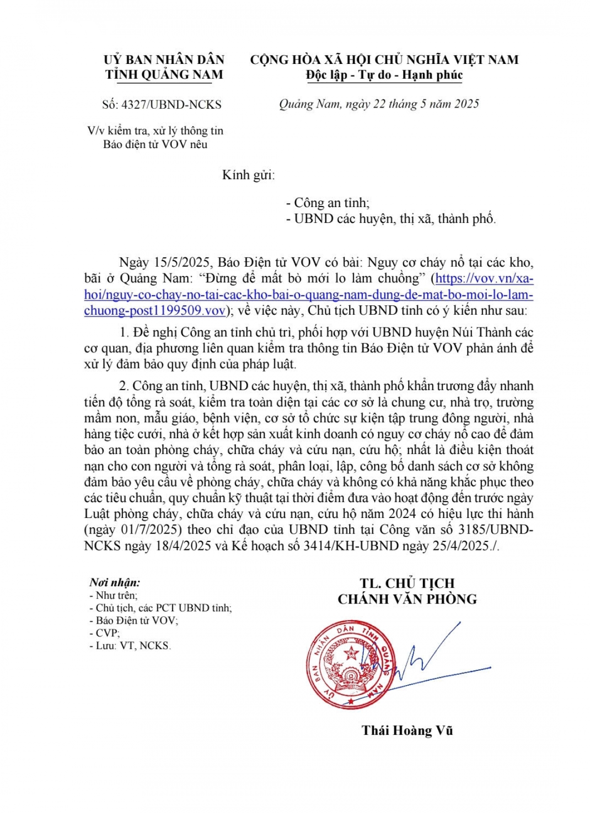 quảng nam tổng rà soát an toàn phòng cháy, chữa cháy sau phản ánh của vov hình ảnh 1 quang nam tong ra soat an toan phong chay, chua chay sau phan anh cua vov hinh anh 1