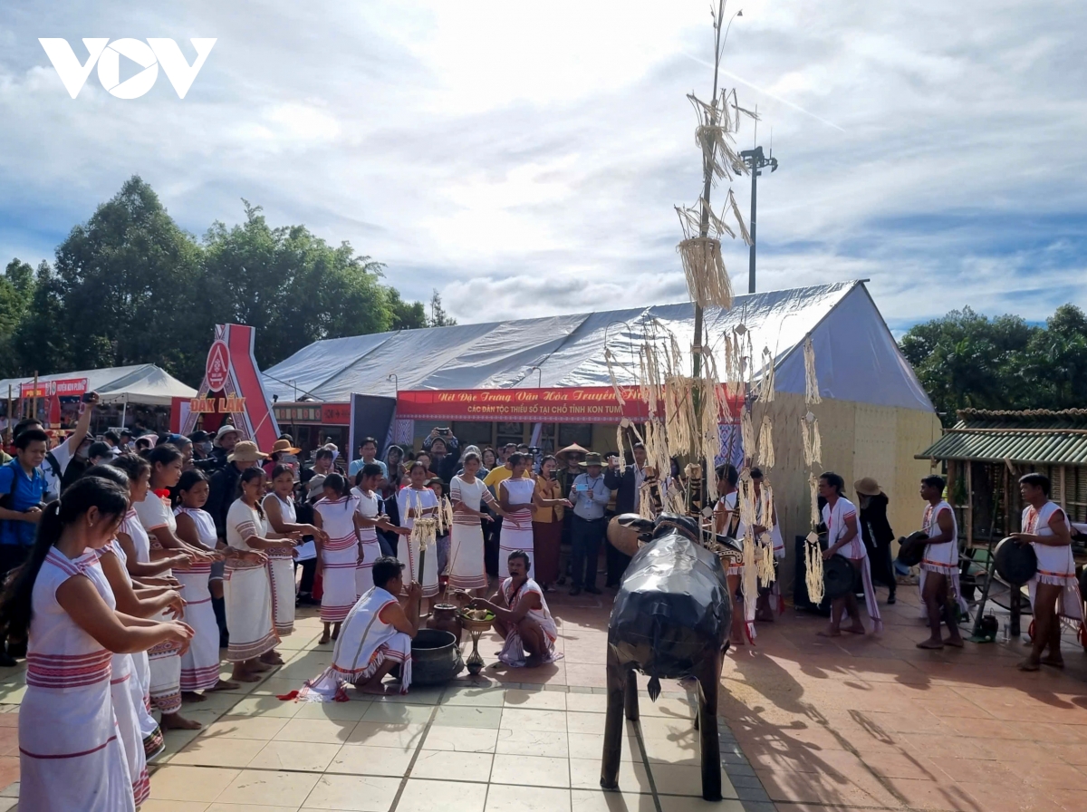 Les groupes ethniques de Tay Nguyen ont tous des danses traditionnelles associées aux fêtes, au son des gongs et au vin de riz à paille (ruou can). La photo montre une danse du peuple Ro Mam (ancienne province Kon Tum) lors de la cérémonie d&apos;ouverture du grenier à riz.