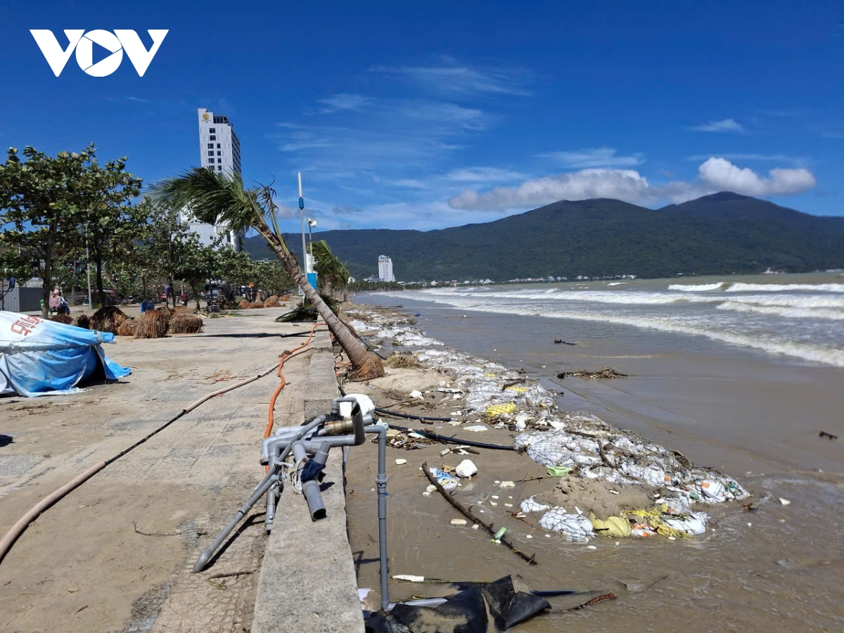Triều cường phá hỏng hàng quán, dừa bật gốc, cát lấp đường ven biển Đà Nẵng